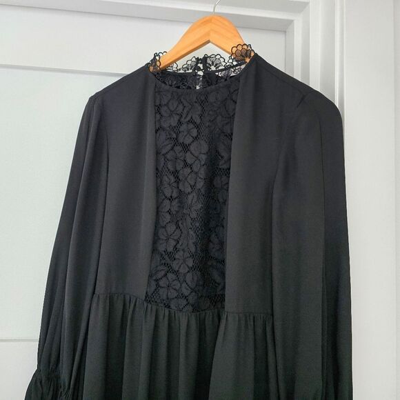 🆕️ Nanette Lepore Mock Nexk Pleated Lace Bell Sleeve Midi Dress in Black - Picture 3 of 12